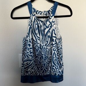 Ann Taylor Silk Tropical Floral Print Sleeveless Blouse Blue and White Size 00